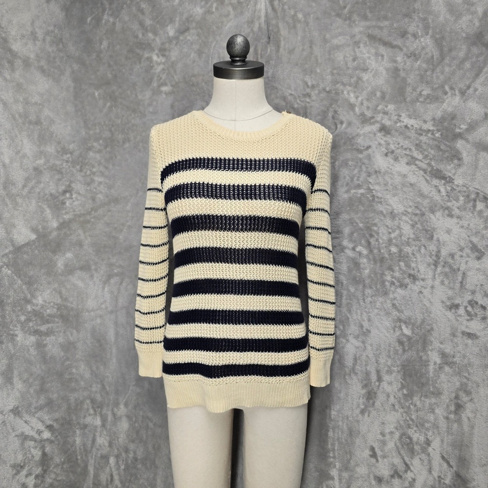 Ann‎ Taylor Striped Knit Sweater Cream Navy Mesh Zipper Shoulder Women XS Preppy